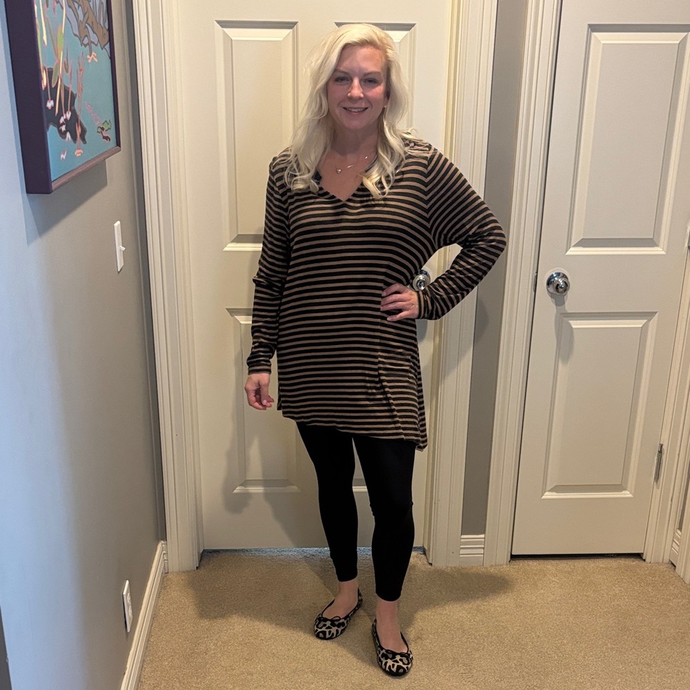 CAbi Brown and Black Striped V-Neck Long Sleeve Tunic